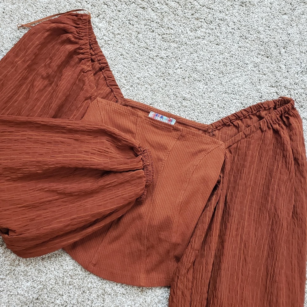 Urban Outfitters Blouse Womens M Orange Cropped Off The Shoulder Balloon‎ Sleeve